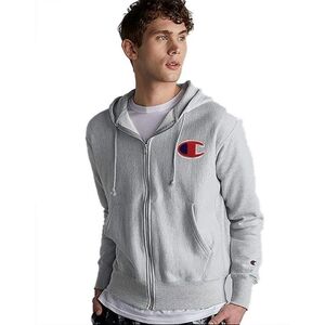 Champion Men's Reverse Weave Grey Zip-Up Hooded Sweatshirt Hoodie Size Small